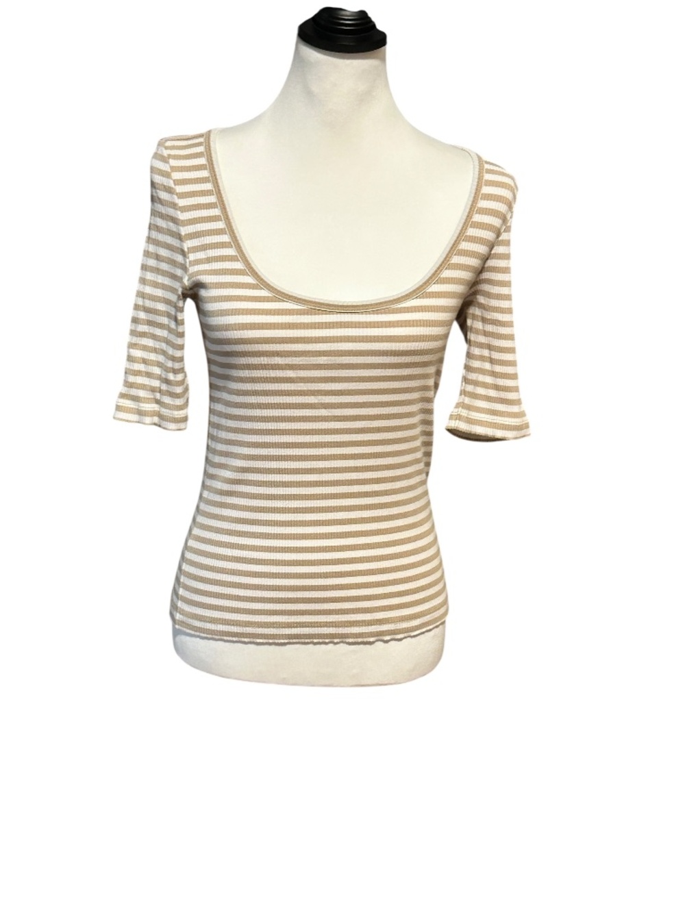 Faherty Freestyle Rib Knit Tan/Cream Stripe Short Sleeve Scoop Neck Tee SMALL